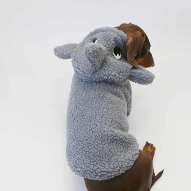 Grey shark fleece-lined hooded pet sweater for small dogs and cats, sizes XS to XL