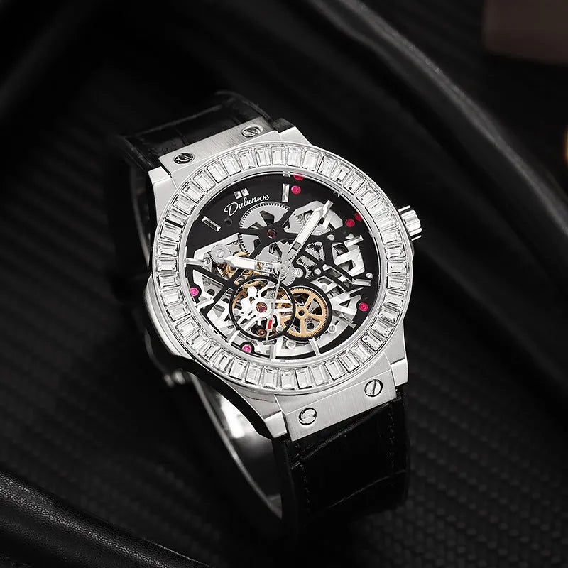 Men's automatic mechanical wristwatch with skeleton dial and diamond-studded stainless steel case.