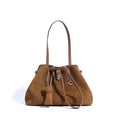 Dark brown genuine leather retro handbag horizontal square large capacity double shoulder straps