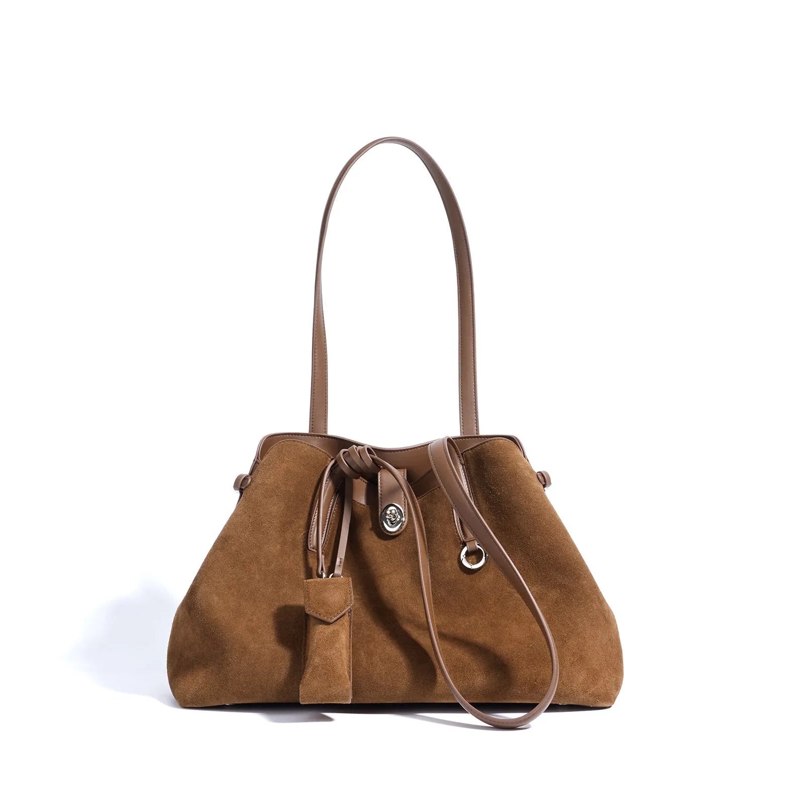 Dark brown genuine leather retro handbag horizontal square large capacity double shoulder straps