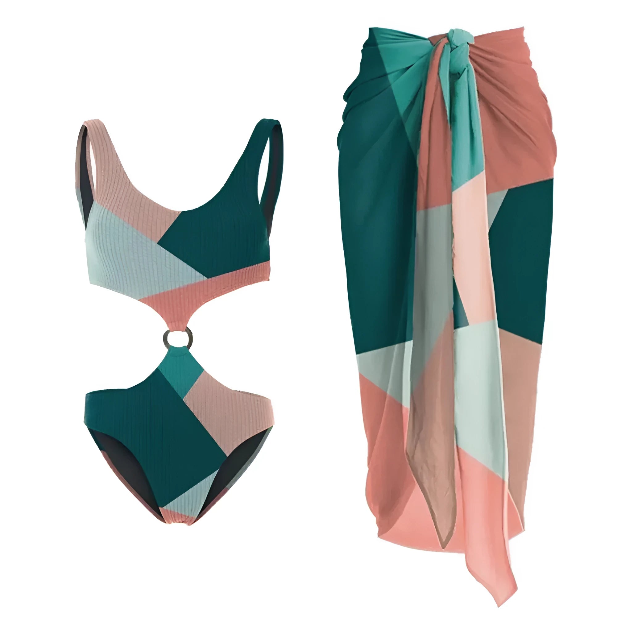 Women's contrast colour bikini set with mesh gauze skirt on a mannequin