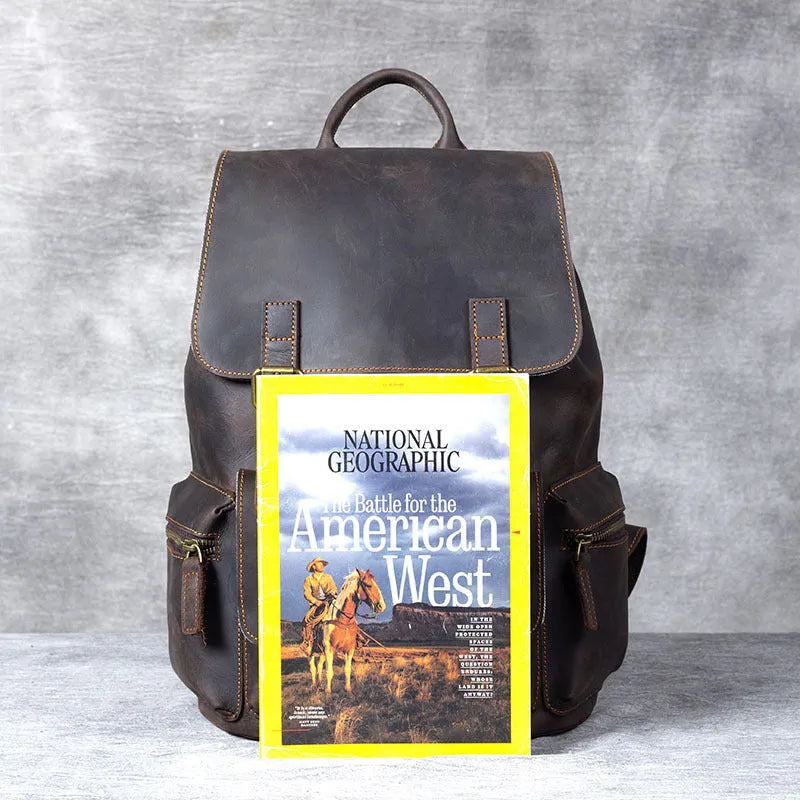 Retro crazy horse leather backpack in brown showing double shoulder straps and soft handle