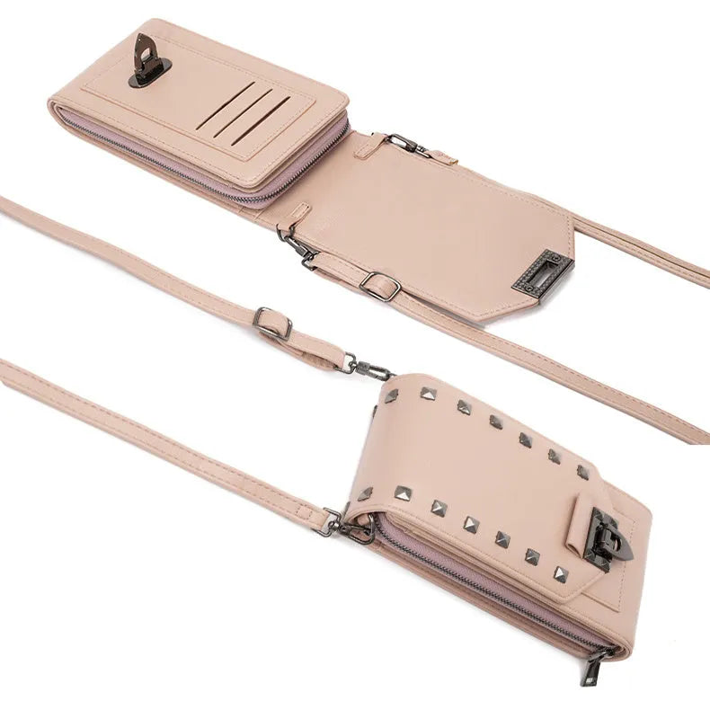 Rivet design solid colour crossbody bag for women in pink with vertical square shape and medium-long strap