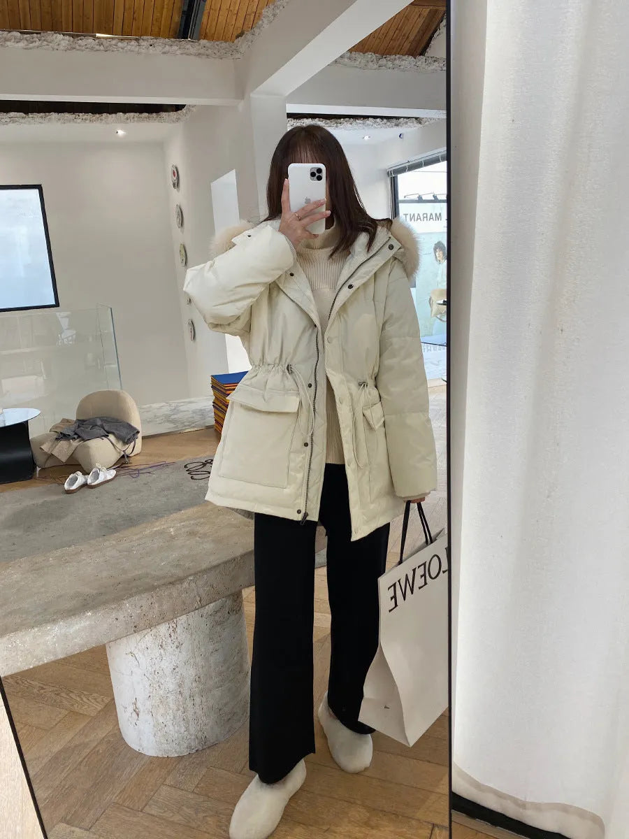 Women's cream white high-waist wide-leg knitted trousers for winter with a drooping mopping hem.