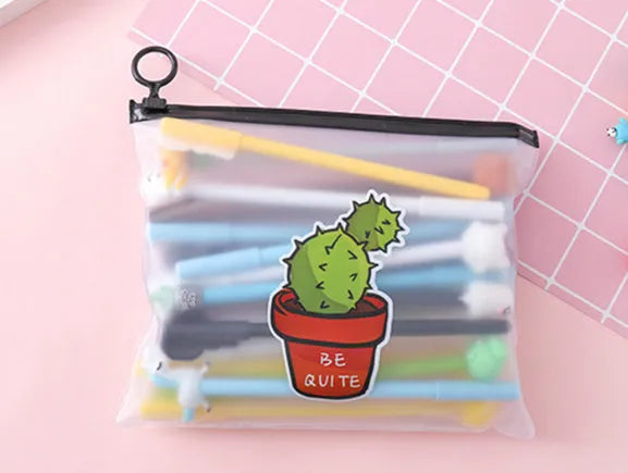 Marvel series cartoon pen set showing cactus design ballpoint pens in plastic storage case