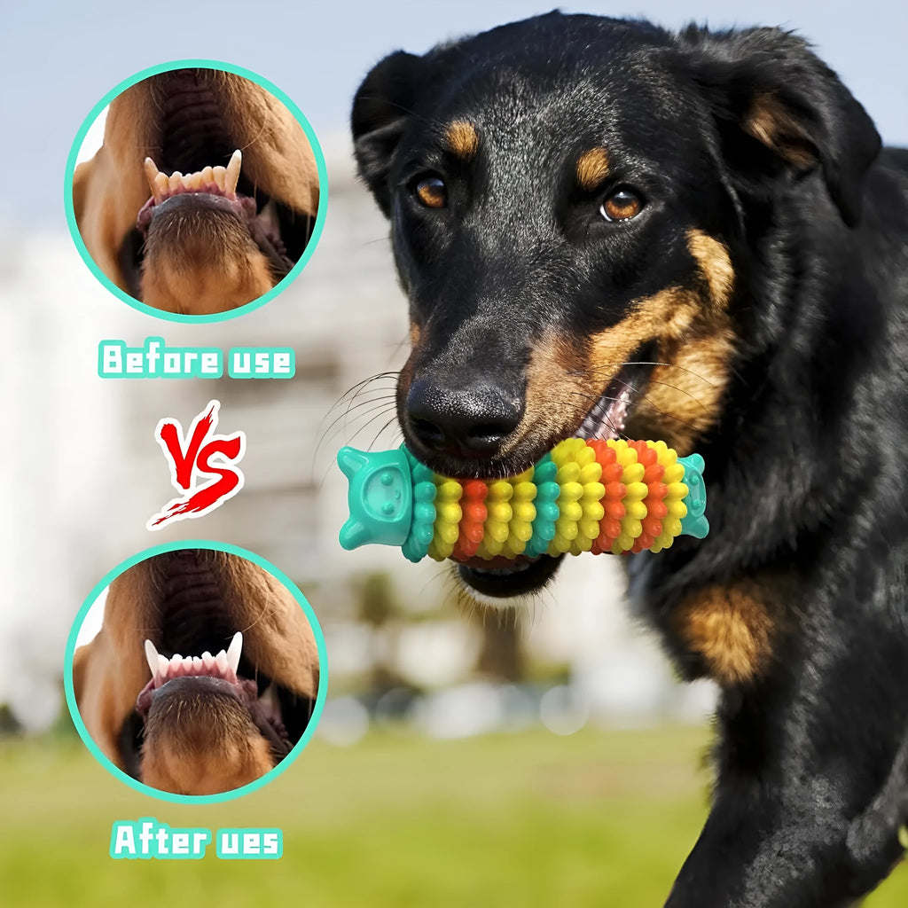 Blue caterpillar-shaped natural rubber dog chew toy for aggressive chewers measuring 17cm long