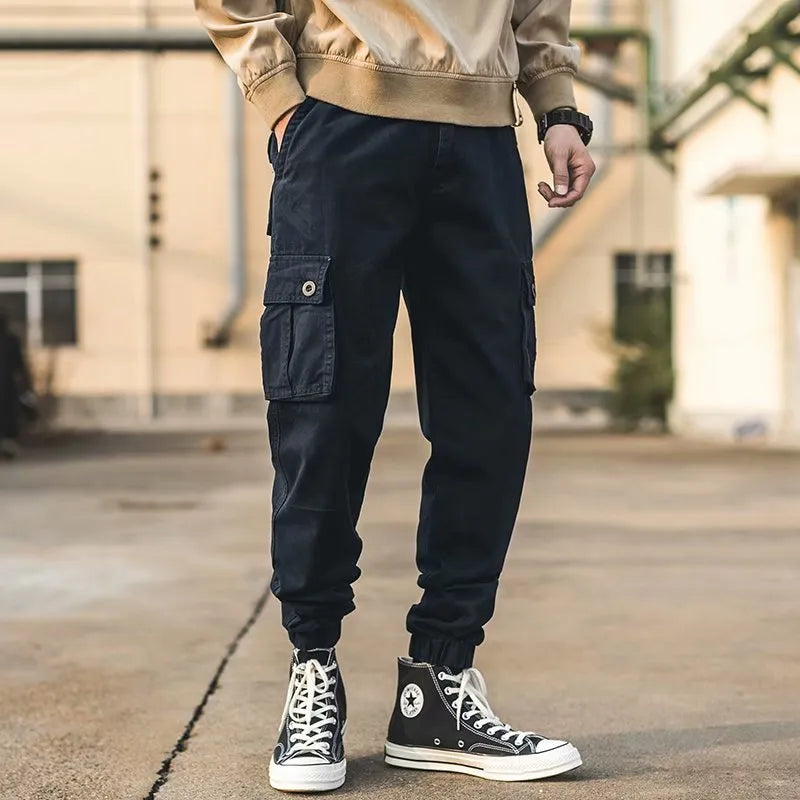 Men's black retro cotton loose cropped overalls with multi-pockets and ankle banded cuffs