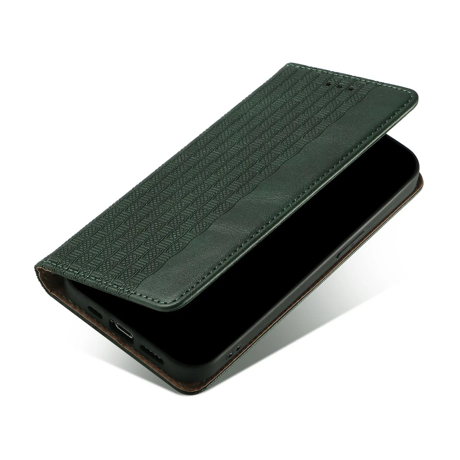 Embossed leather flip phone case for Apple iPhone in black, shown open and closed.