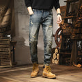 Men's vintage blue fleece-lined jeans with a straight leg loose fit and drawstring waist