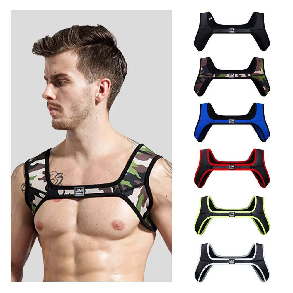 Men's fitness neoprene sports shoulder strap in black, shown on a person for athletic protection