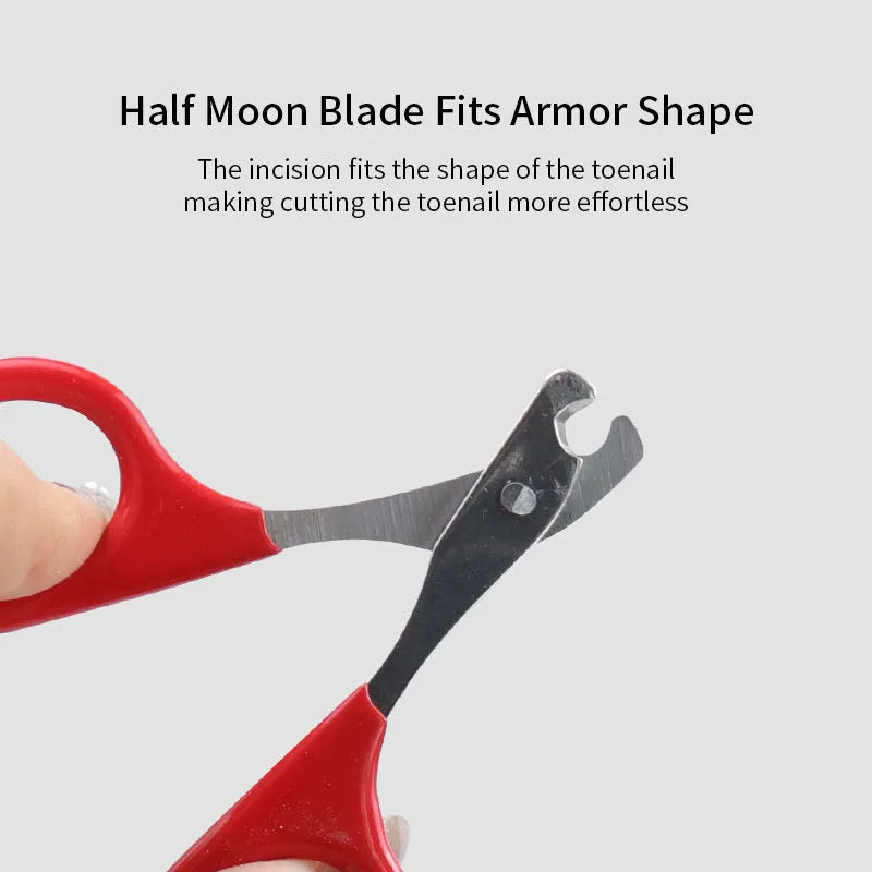 Close-up of pet nail clippers with stainless steel blades and a coloured rubberised handle.
