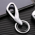 Zinc alloy double ring key holder with waist clip in black, chrome, and nickel finishes.
