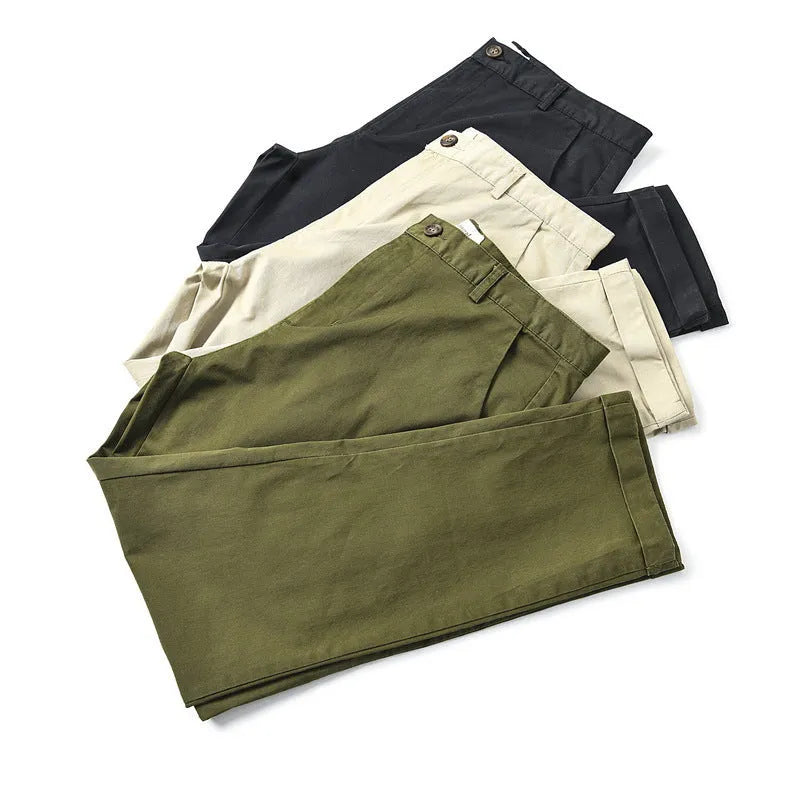 Men's cotton twill slim straight casual pants in black, high waist, zipper fly, solid colour