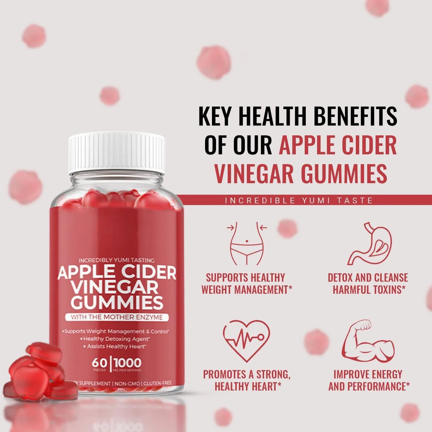 Bottle of apple cider vinegar gummies containing 60 soft candy tablets for adult supplementation