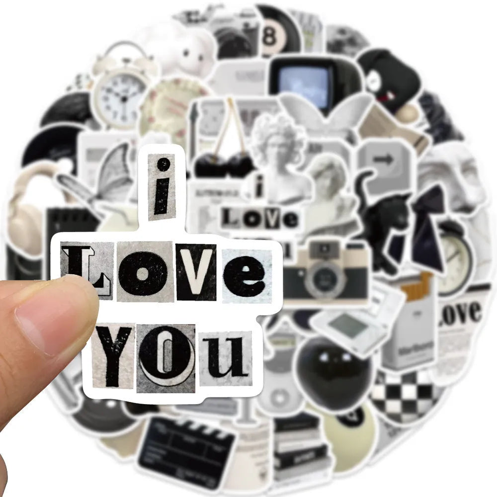 61-piece pack of black and white simple design waterproof PVC stickers for laptops and cups.