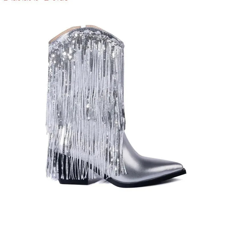 Women's black chunky heel tassel boots with stiletto heels above 8cm and pointed toes