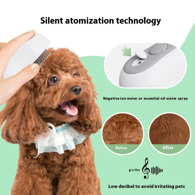 Rechargeable pet grooming comb for cats with spray function in beige yellow, blue, gray or orange colours