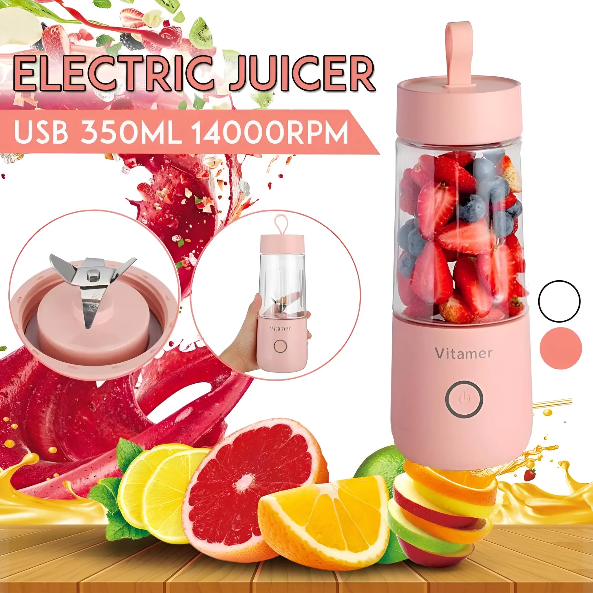 White portable USB rechargeable blender bottle with silicone carry ring, 350ml Tritan cup, and stainless steel blades.