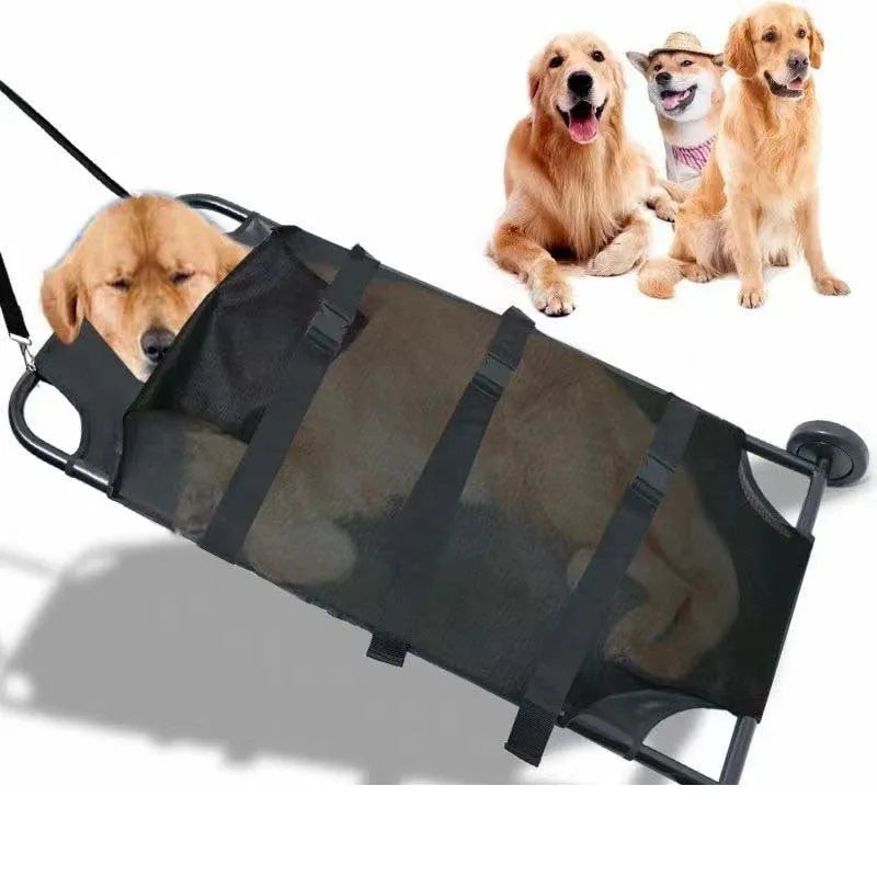 Black aluminium alloy folding pet stretcher for large dog emergency transport.