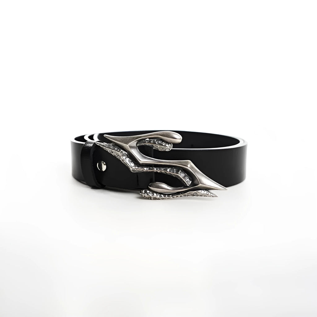 Black men's leather belt with metal letter detail, 110cm long.