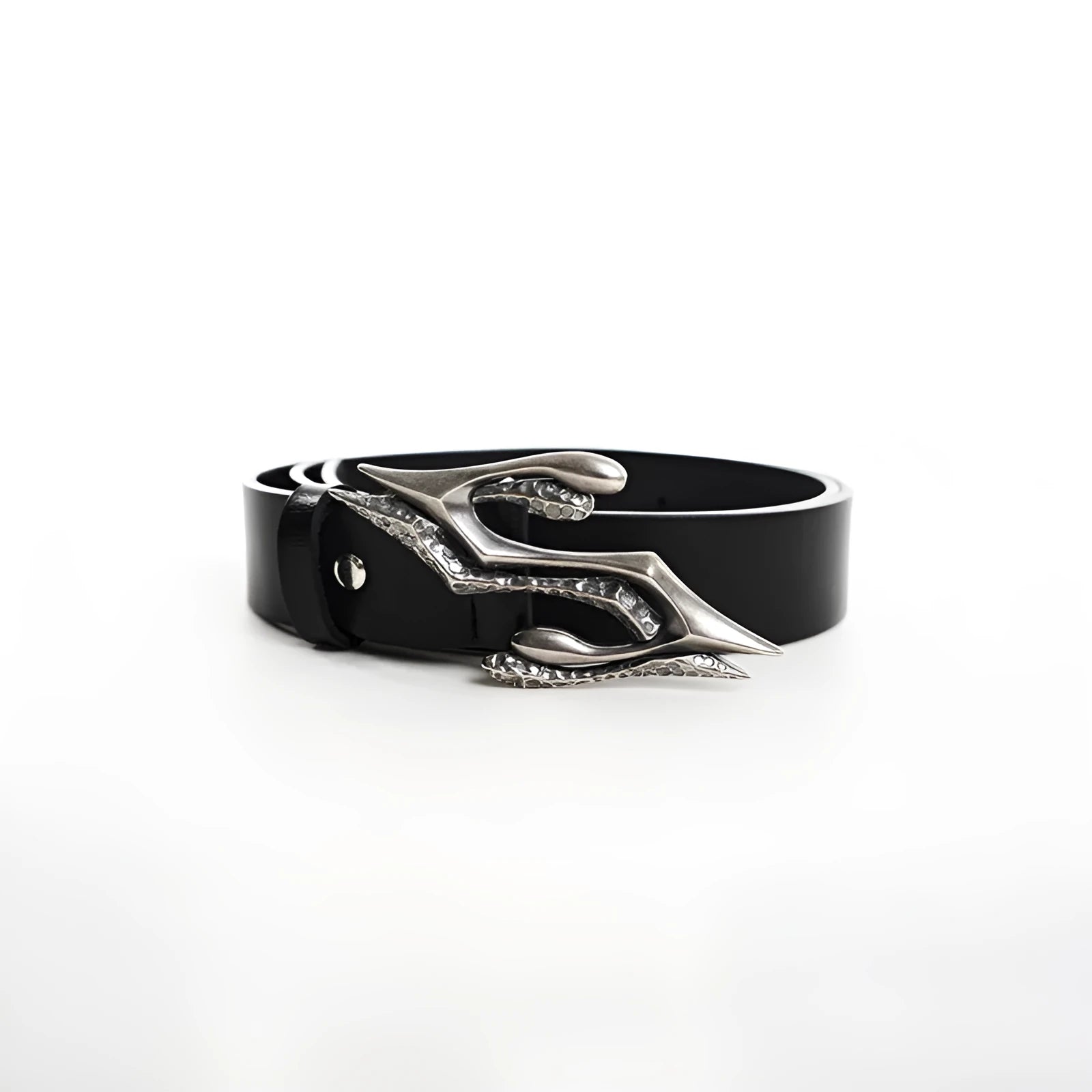 Black men's leather belt with metal letter detail, 110cm long.