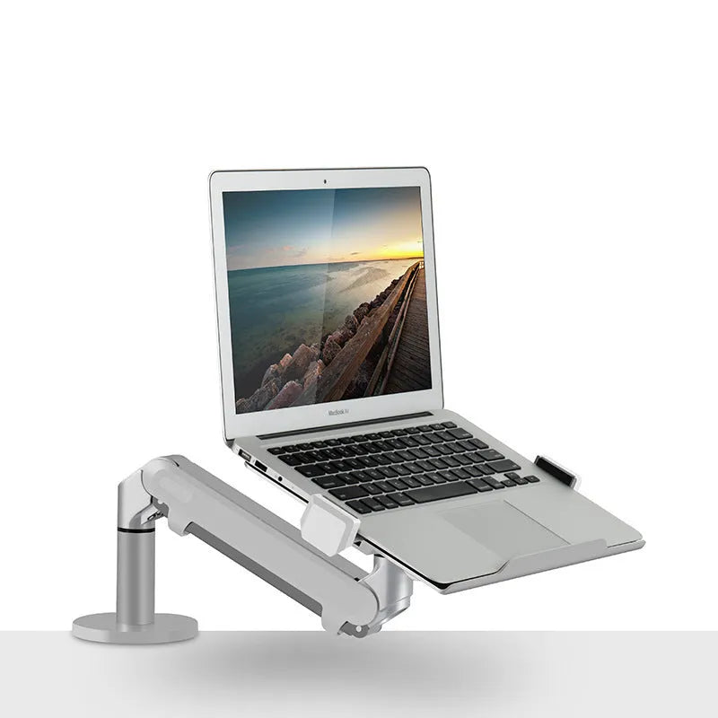 Silver aluminium laptop stand elevating notebook for improved airflow and ergonomic positioning