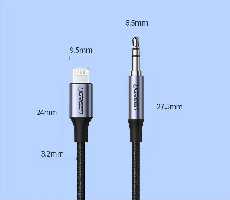 Black Lightning to 3.5mm audio adapter cable with shiny silk braid and aluminium connectors for car stereo connection