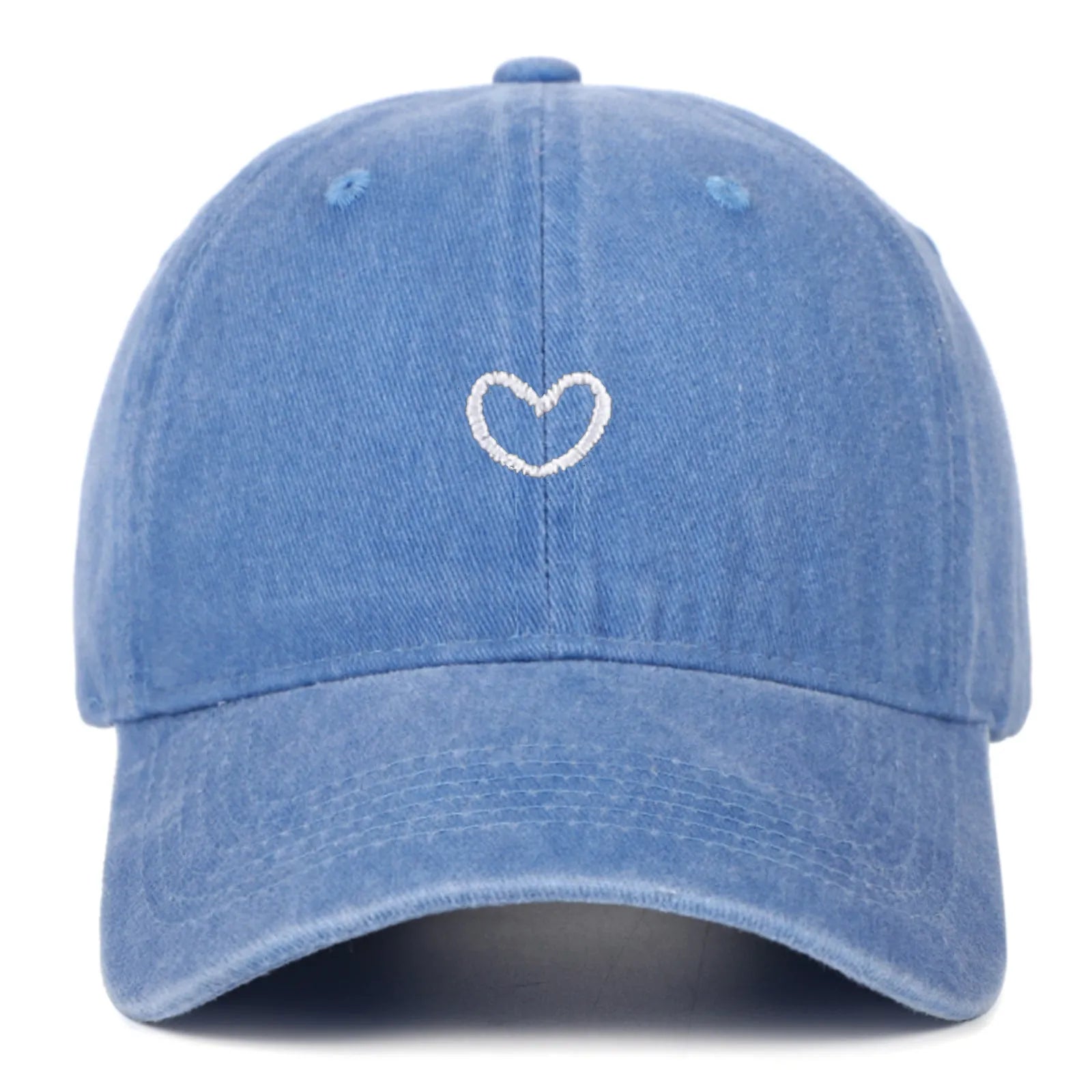 Adjustable cotton baseball cap featuring a distressed embroidered love heart on the front, shown in a selection of colours.