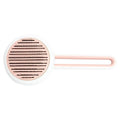 Automatic pet grooming brush with round head and stainless steel pins in blue, green, or pink.