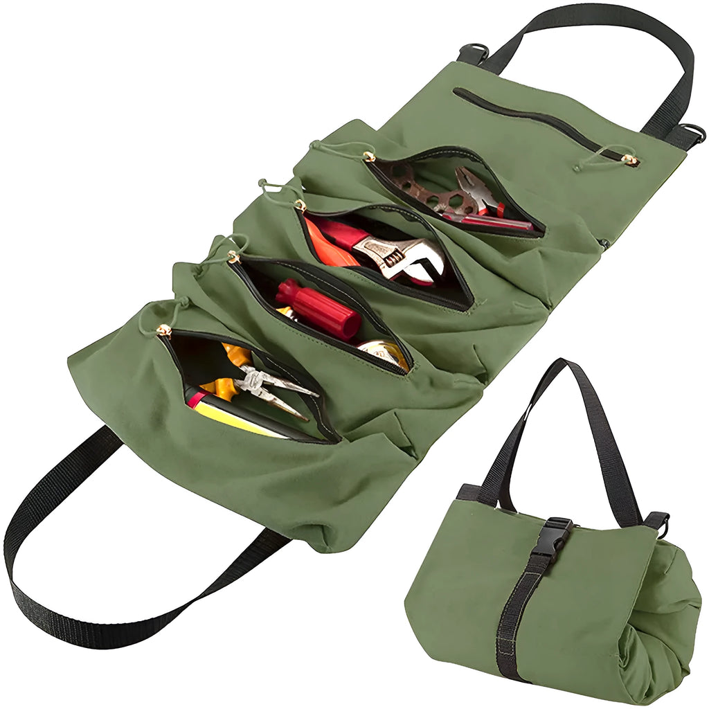Super Roll Tool Roll multi-purpose wrench roll in Oxford cloth, khaki colour, rolled up with tools visible