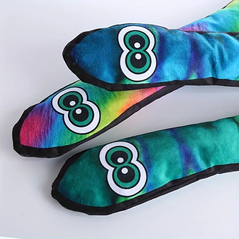 Snake-shaped dog squeaky toy with printed stripe pattern in blue and green plush