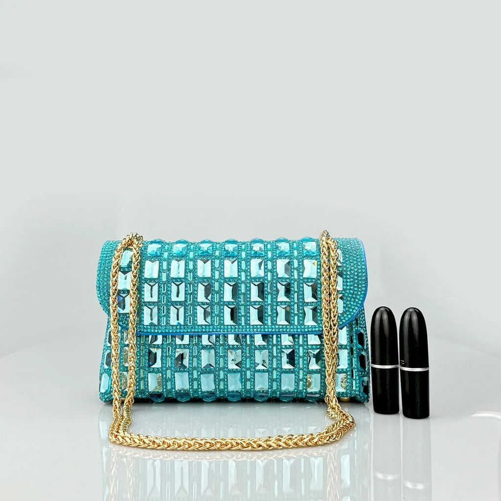 Shiny glass rhinestone chain clutch purse with diamond accents in horizontal square shape