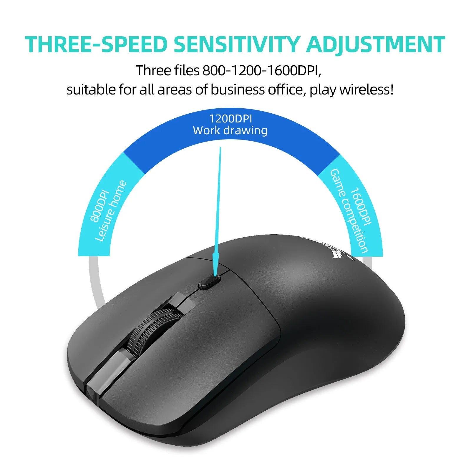 Black wireless mouse with three DPI settings and audio control button for laptop computers