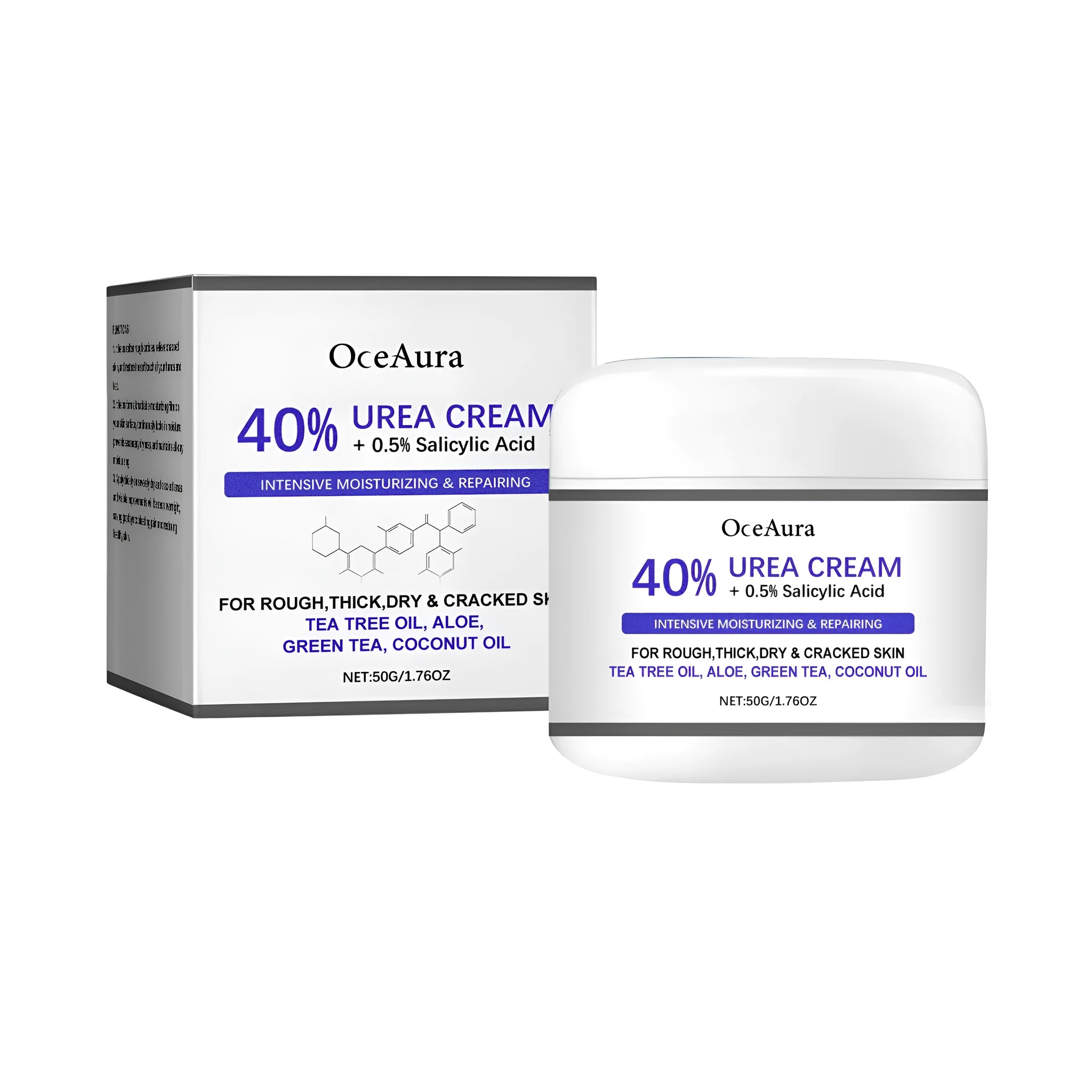 50g jar of anti-cracking hand and foot cream with urea, salicylic acid, and natural extracts.