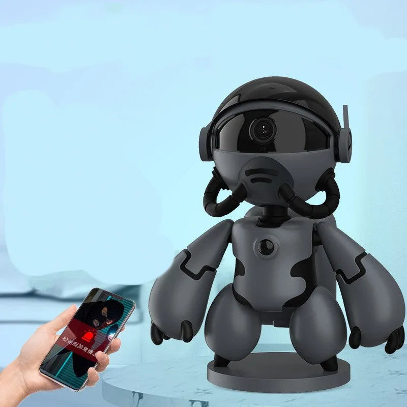 White or black wireless household security camera on a detachable base with a wide-angle lens.