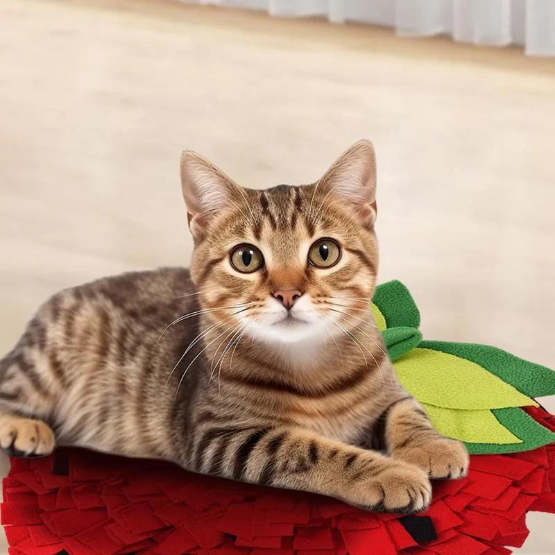 Red and green strawberry shaped pet slow feeder mat for dogs and cats on floor
