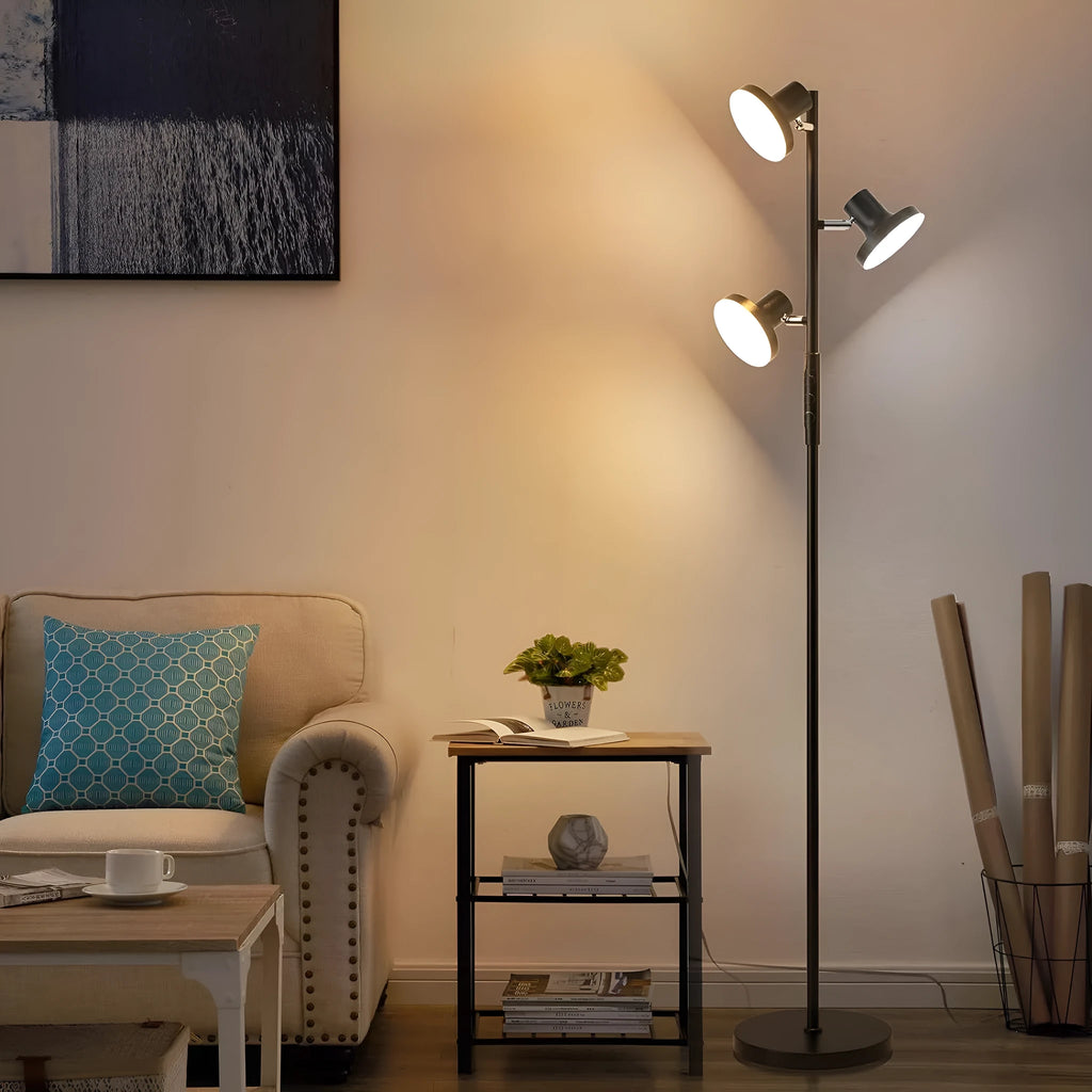 Tall adjustable LED floor lamp with rotatable head and remote control in black finish