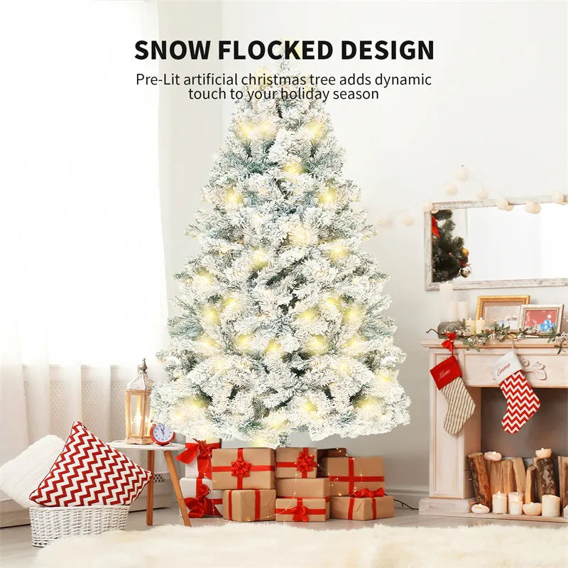 Green and white PVC artificial snow Christmas tree with metal stand, shown at 180cm and 230cm heights.
