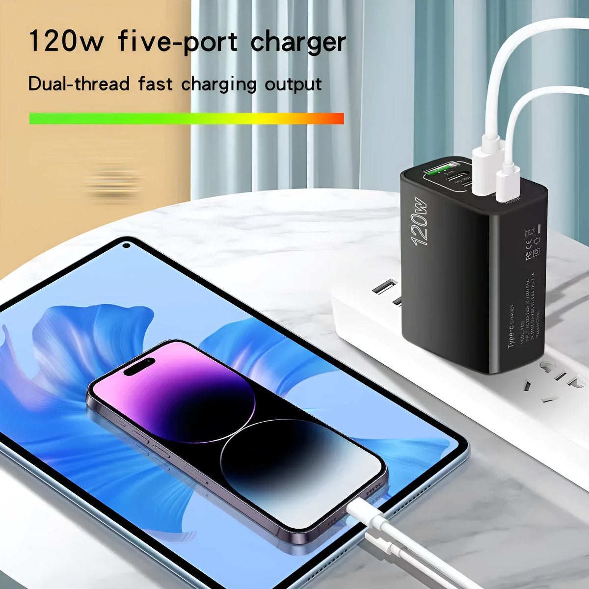 120W multi-port fast charger with five USB ports in white colour and UK three-pin plug