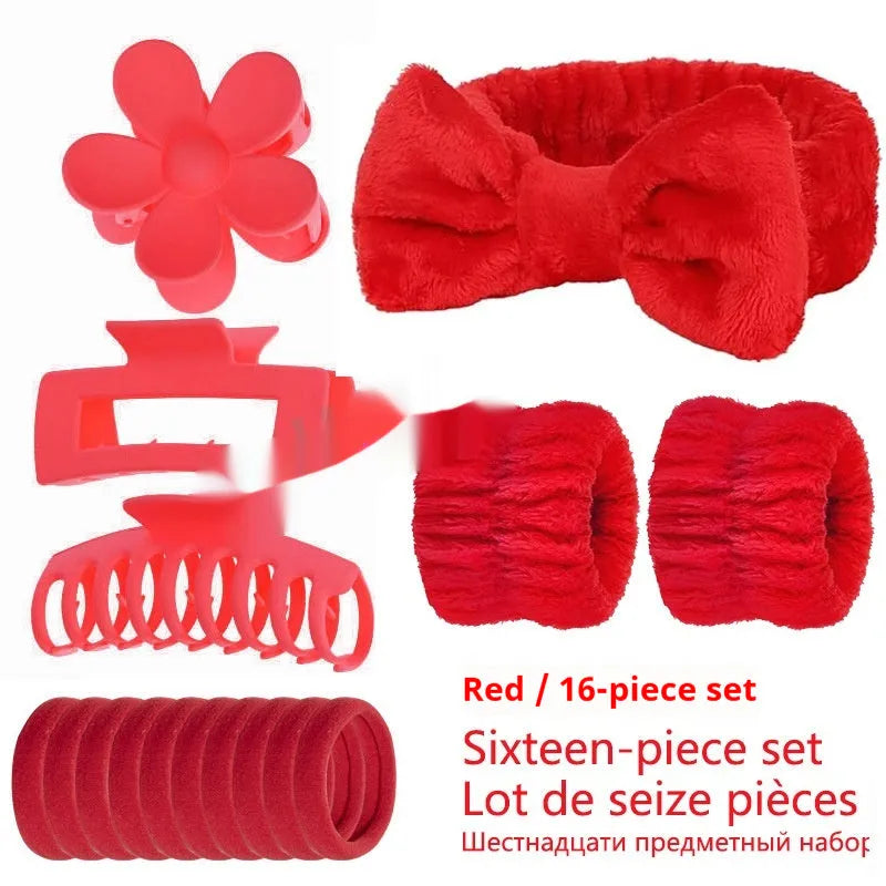 16-piece bow washing face hair band set with wrist strap, plaid pattern, multiple colours