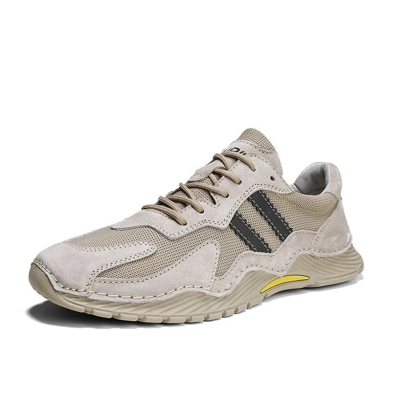 Men's sand-coloured low-top lace-up hiking boots with a pigskin upper and platform rubber sole.