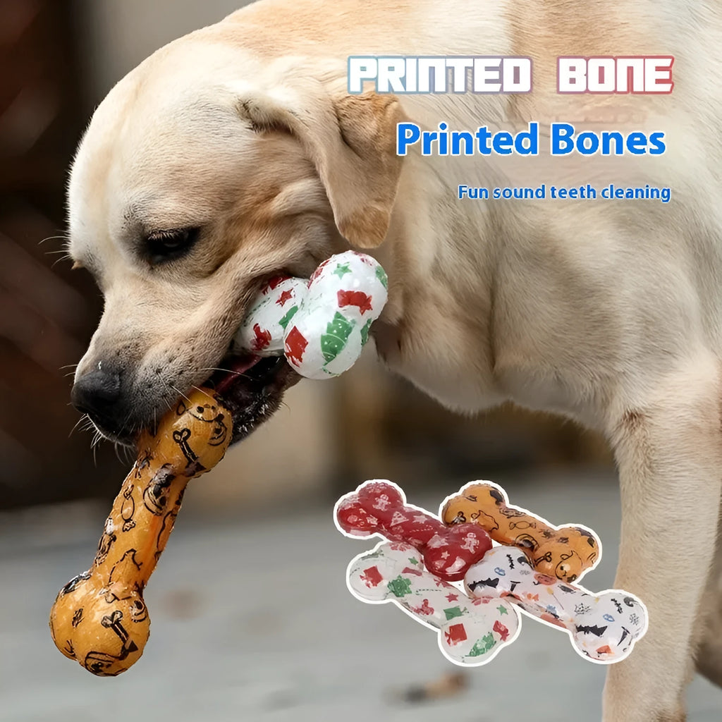 Bone-shaped dog squeaker toy in seasonal colours with TPR material construction