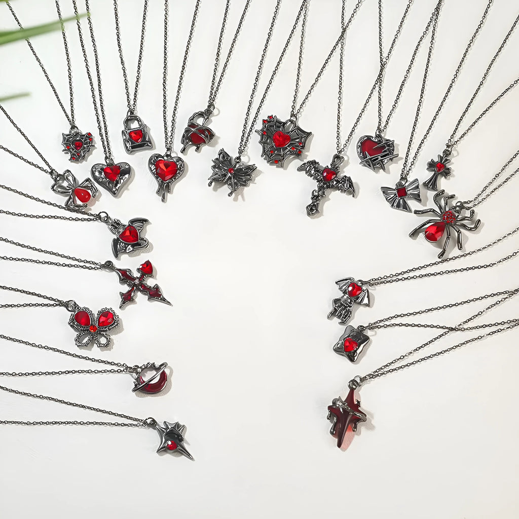 Dark gothic Halloween necklace with a choice of zinc alloy pendants: bat, spider, skull wings, cross, or love heart on a regular chain.