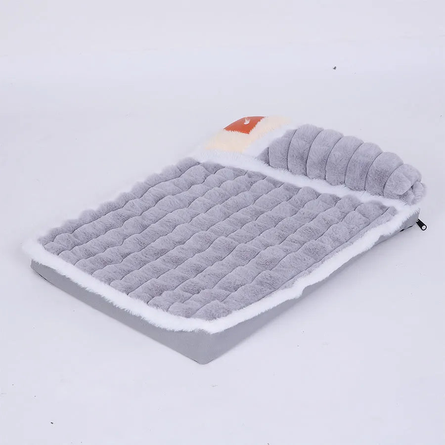 Washable fluffy fleece dog bed mat with memory foam filling in grey colour