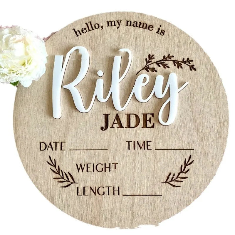 Square wooden baby name label with engraved birth information, 15cm per side.