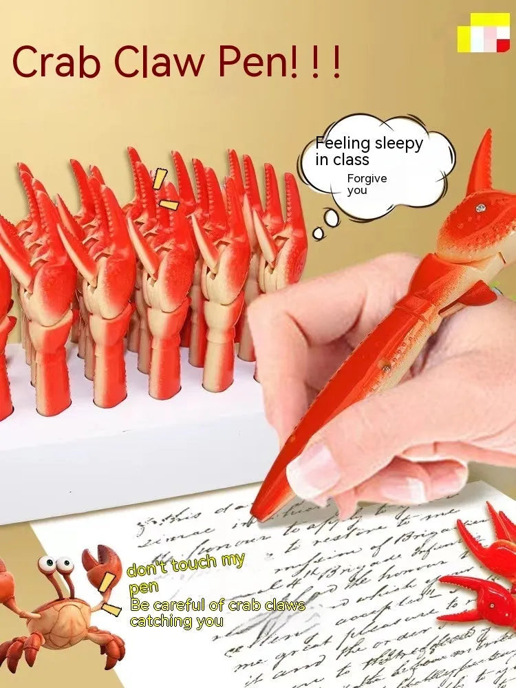 Pressing can clip novelty ballpoint pen with crab design, shown singly and in a five-pack.