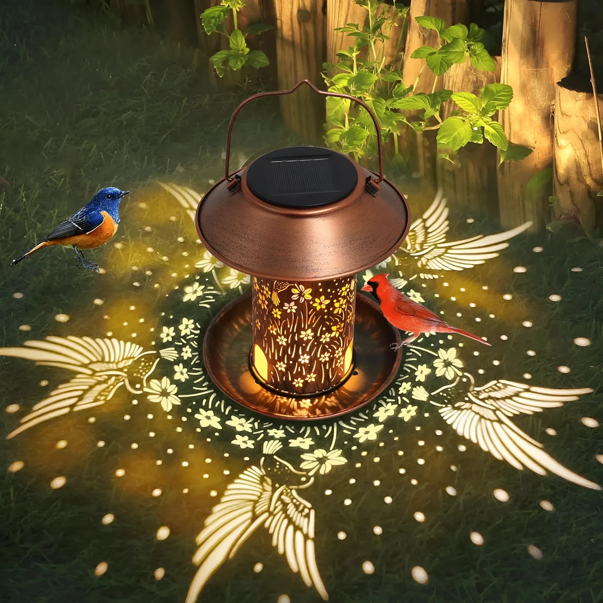 Solar-powered hummingbird pattern iron art bird feeder with integrated LED garden light