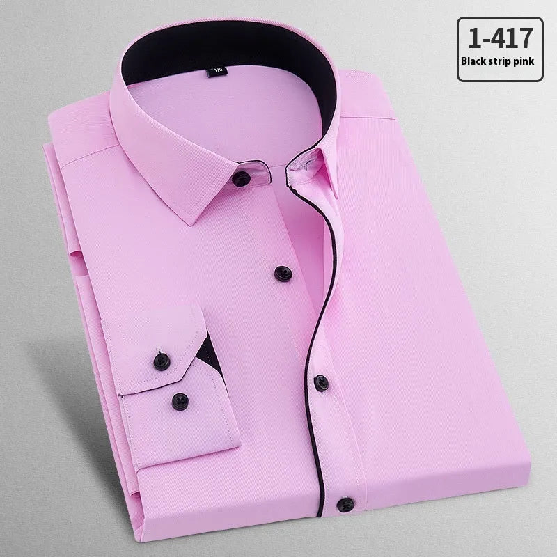 Men's long-sleeved linen business shirt in pink diagonal or red plain colours for spring casual wear