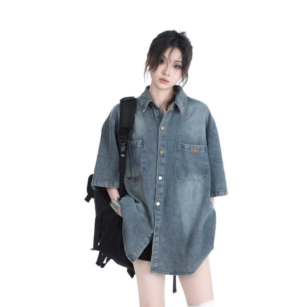 American retro heavy wash denim short sleeve cardigan top in black or blue, colour block pattern, sizes M to 3XL