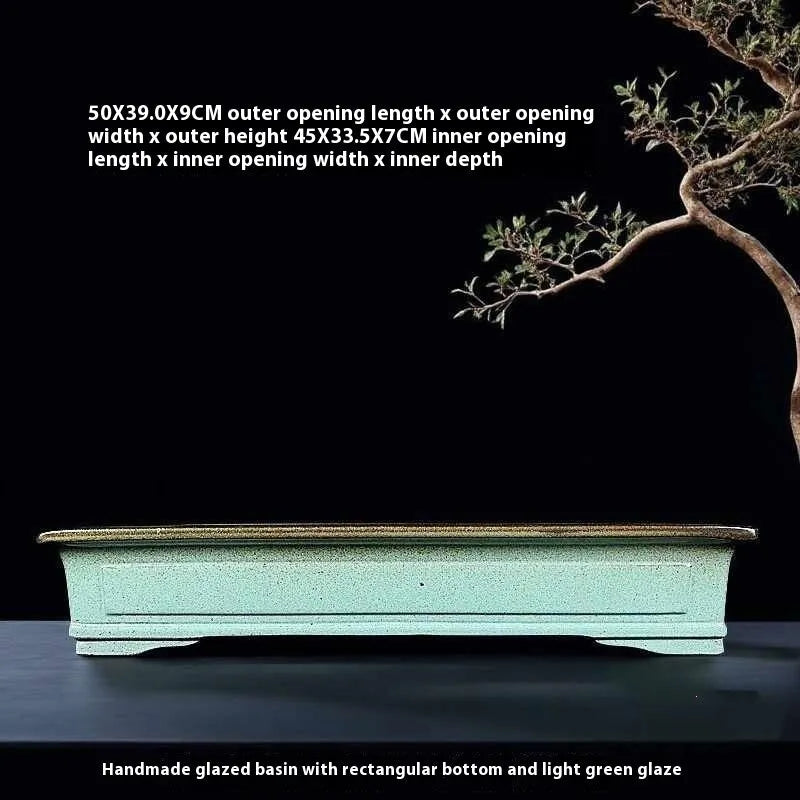 Green handmade ceramic bonsai flower pot with purple sand crackled glaze retro finish
